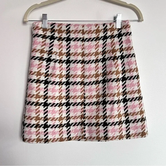 Forever 21 Pink White Tan Black Tweed Houndstooth Plaid Knit Skirt Small - Picture 6 of 7